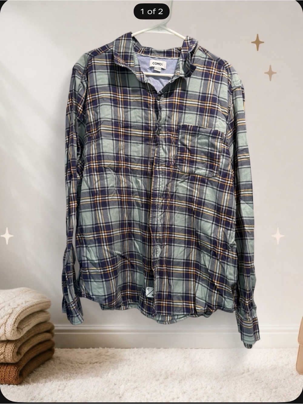Men's Blue Plaid Long-Sleeve Button-Up Shirt